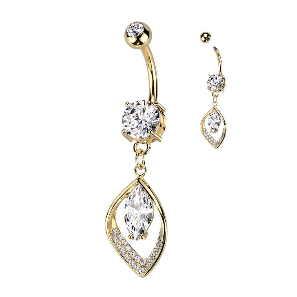 Piercing Nombril Feuille Pavée en CZ creuse et centre en CZ marquise